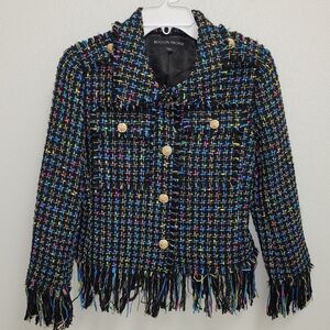 Boston Proper Tweed Fringe Blazer Jacket Size 4 Black Multicolor
